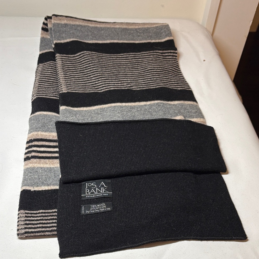 Jos. A Bank Wool Blend Black/Tan/Gray Knit Scarf Muffler 9” x 72”